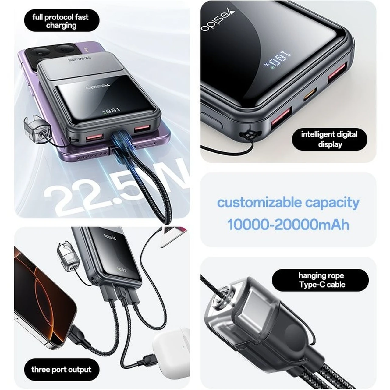 پاوربانک PD و فست شارژ Yesido 20000mAh مدل YP96 22.5W - نقره ای (گارانتی 18 ماه تعویض نیکان همراه)
