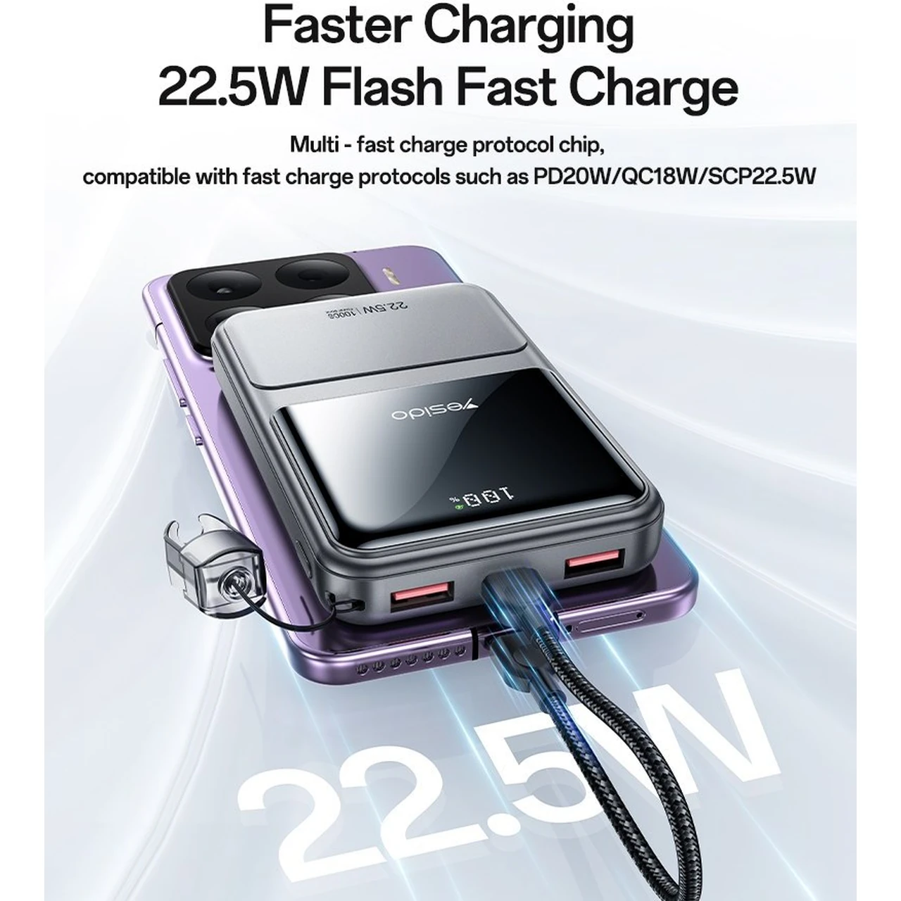 پاوربانک PD و فست شارژ Yesido 20000mAh مدل YP96 22.5W - نقره ای (گارانتی 18 ماه تعویض نیکان همراه)