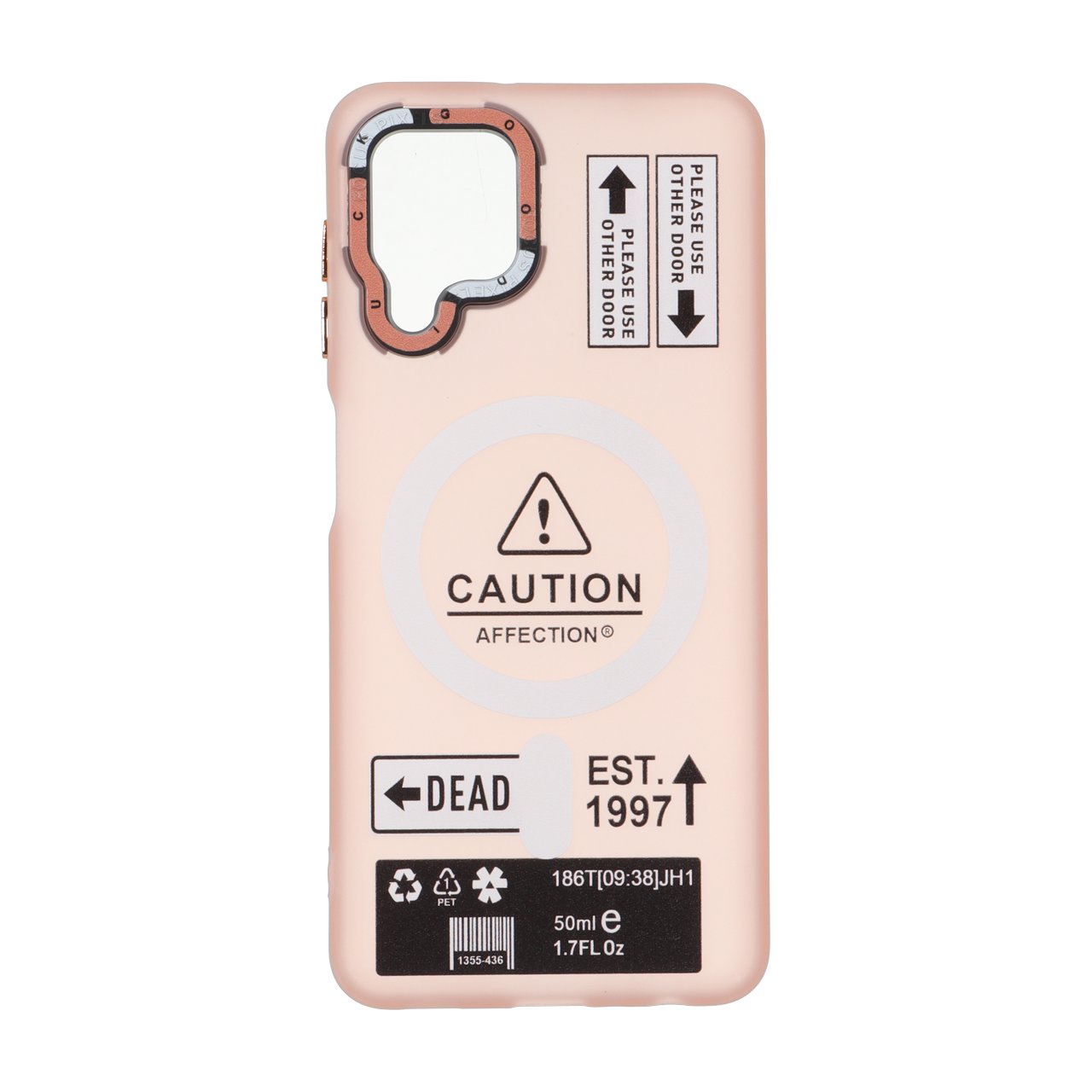قاب Caution مات طرح مگ سیف دکمه متال Samsung Galaxy A22 4G / M22 / M32 4G / F22 - صورتی