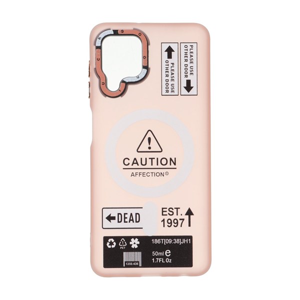 قاب Caution مات طرح مگ سیف دکمه متال Samsung Galaxy A22 4G / M22 / M32 4G / F22 - صورتی