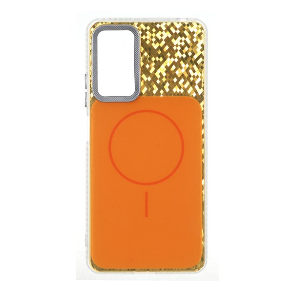 قاب مستطیلی طرح مگ سیف شطرنجی براق لنز کربن Xiaomi Redmi Note 12 Pro 4G / Redmi Note 11 Pro - نارنجی