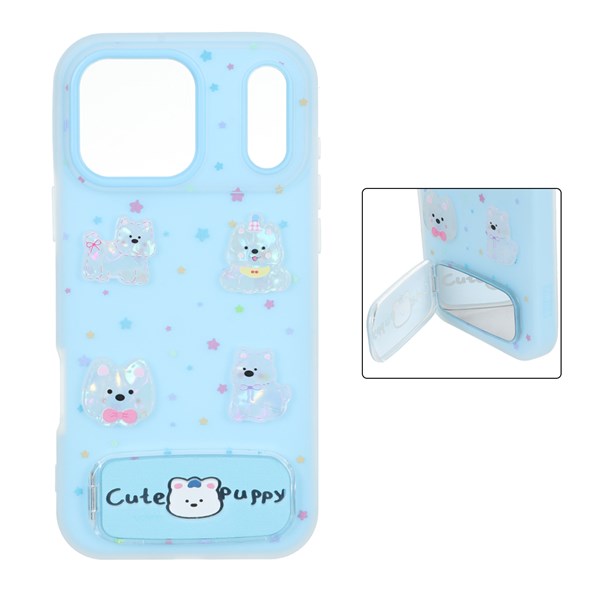قاب Cute Puppy دولایه عروسک برجسته استندشو آینه ای Apple iPhone 17 Pro Max - آبی