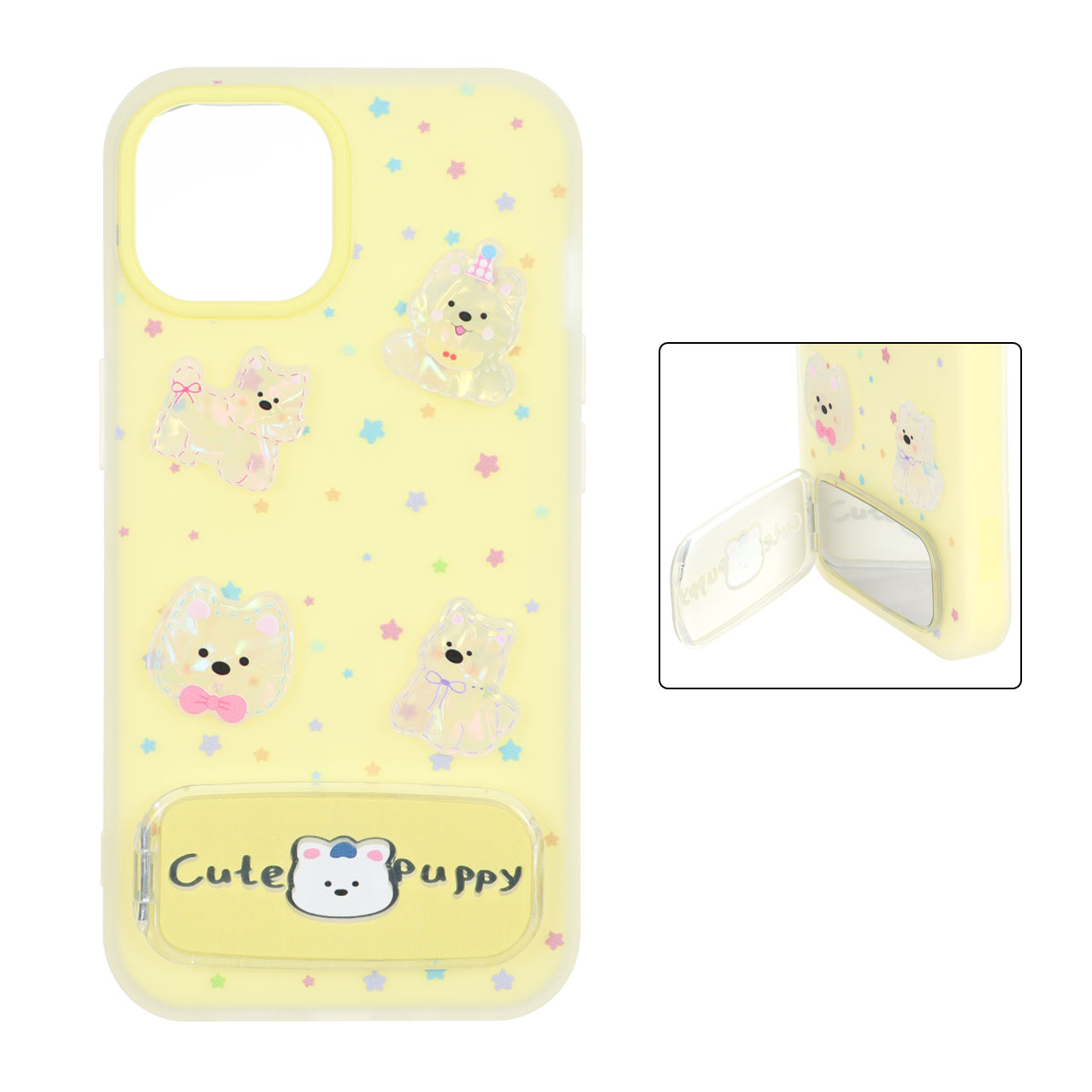 قاب Cute Puppy دولایه عروسک برجسته استندشو آینه ای Apple iPhone 13 / iPhone 14 - زرد