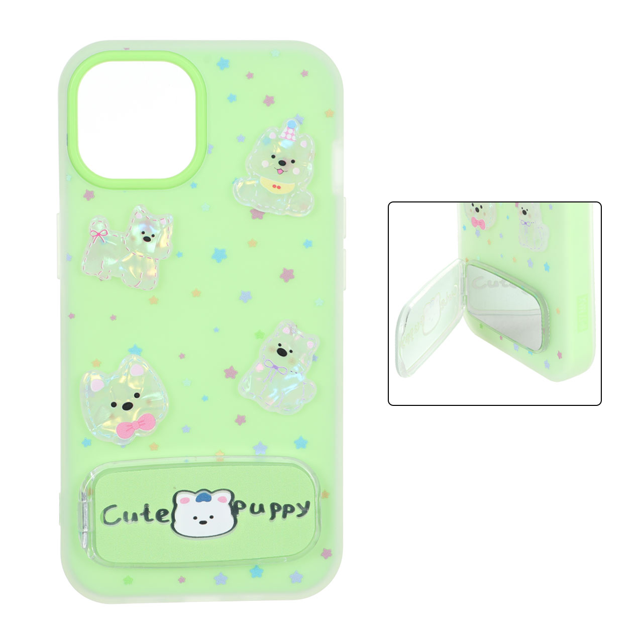 قاب Cute Puppy دولایه عروسک برجسته استندشو آینه ای Apple iPhone 13 / iPhone 14 - سبز
