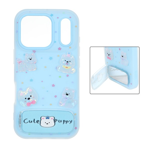 قاب Cute Puppy دولایه عروسک برجسته استندشو آینه ای Apple iPhone 17 Pro - آبی