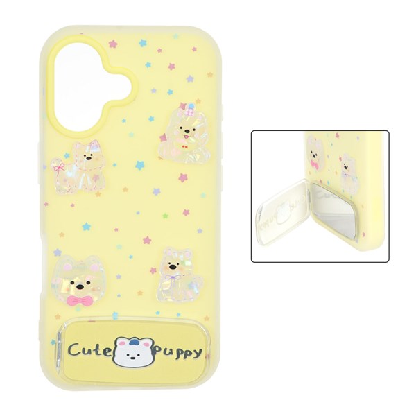 قاب Cute Puppy دولایه عروسک برجسته استندشو آینه ای Apple iPhone 17 - زرد