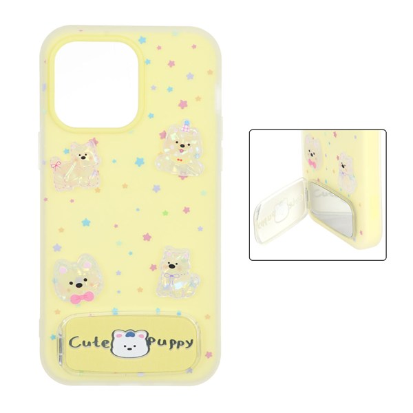 قاب Cute Puppy دولایه عروسک برجسته استندشو آینه ای Apple iPhone 14 Pro Max - زرد