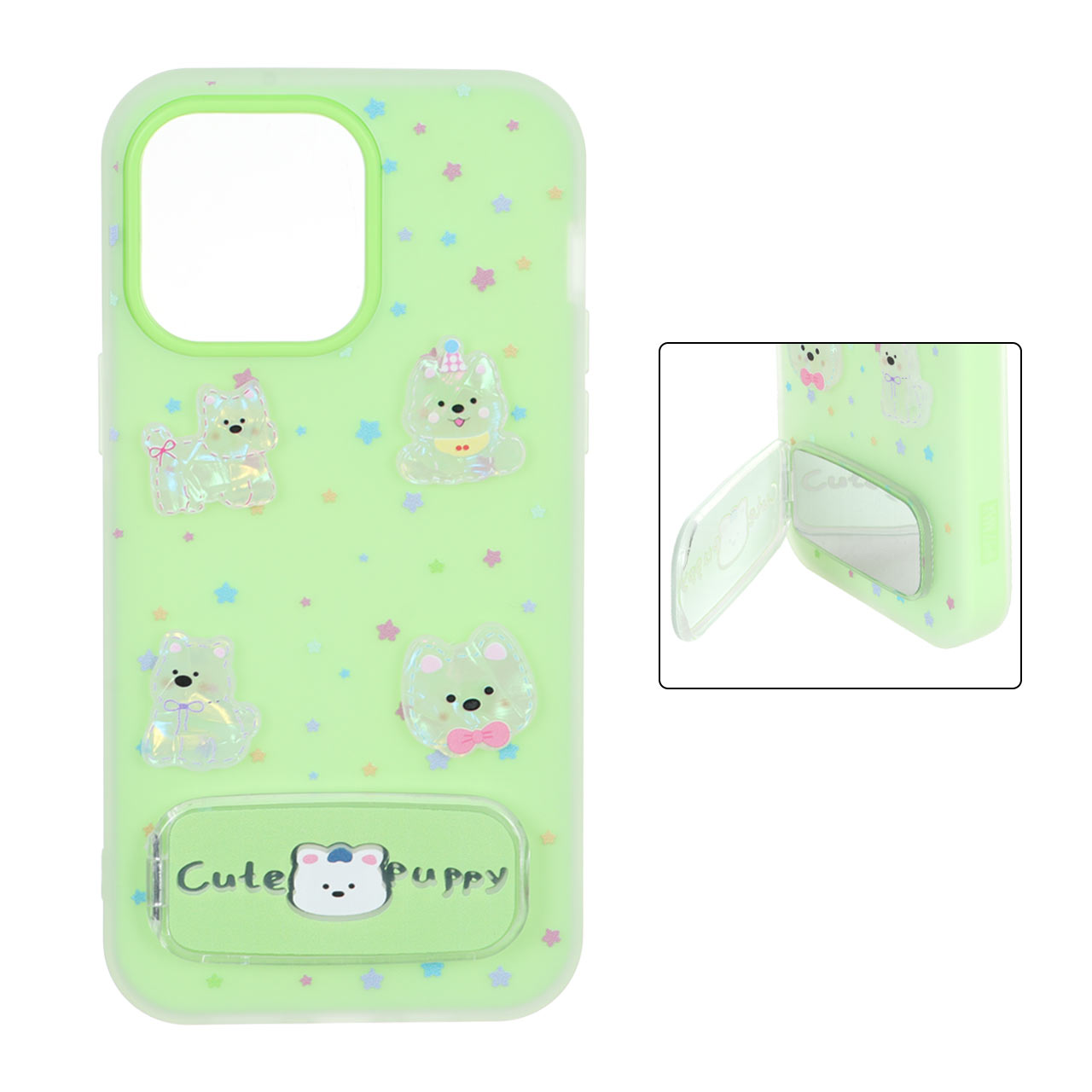 قاب Cute Puppy دولایه عروسک برجسته استندشو آینه ای Apple iPhone 14 Pro Max - سبز