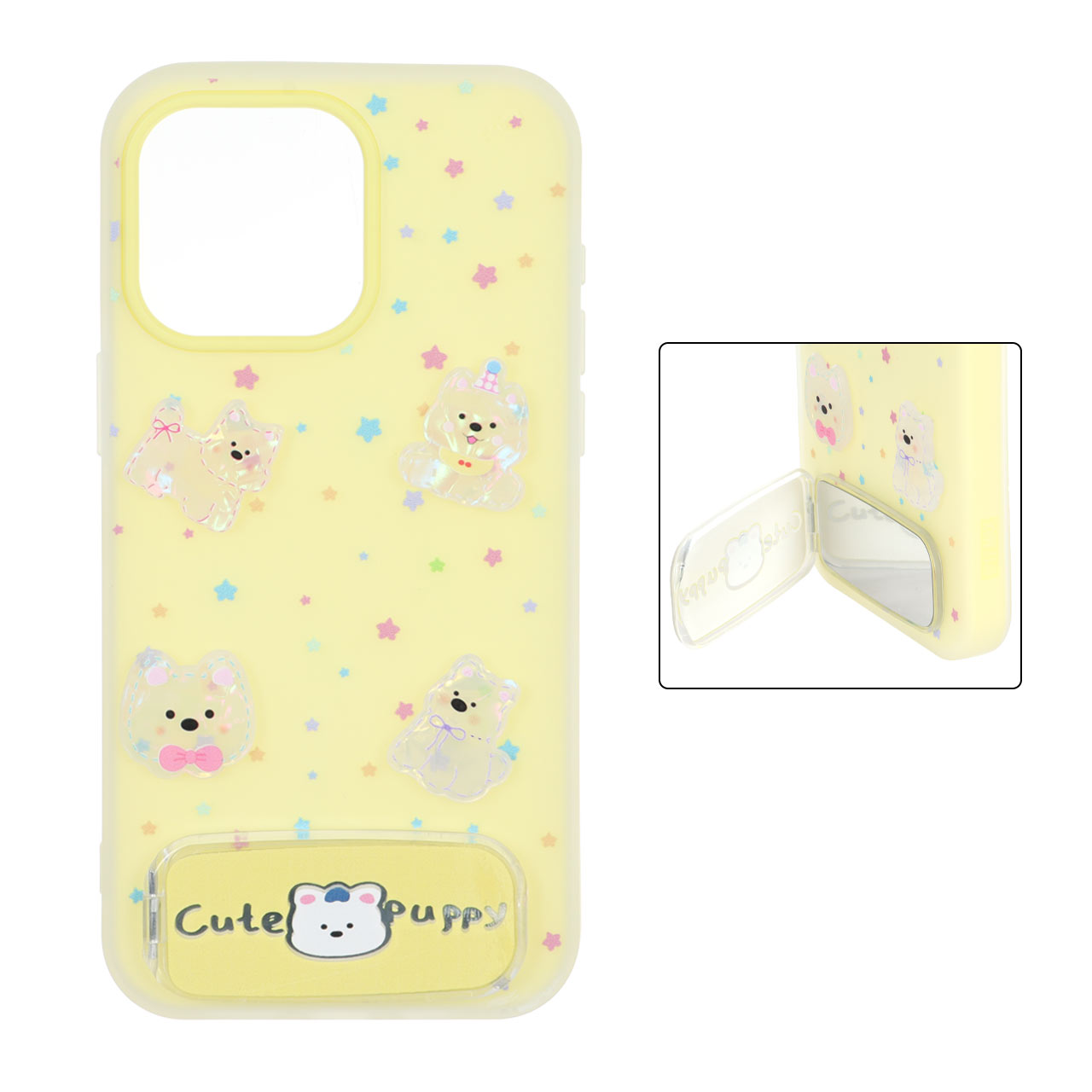 قاب Cute Puppy دولایه عروسک برجسته استندشو آینه ای Apple iPhone 15 Pro Max - زرد
