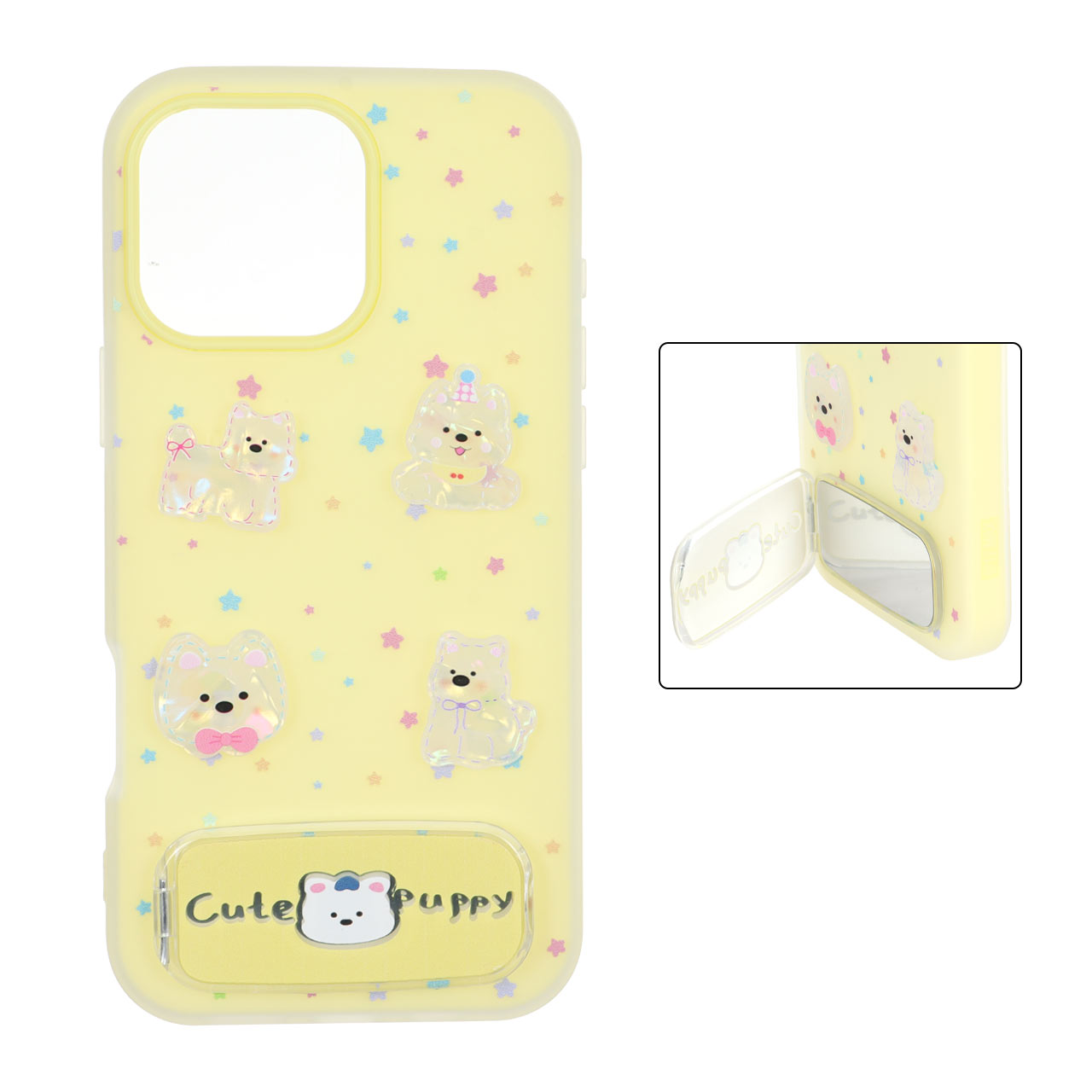 قاب Cute Puppy دولایه عروسک برجسته استندشو آینه ای Apple iPhone 16 Pro Max - زرد