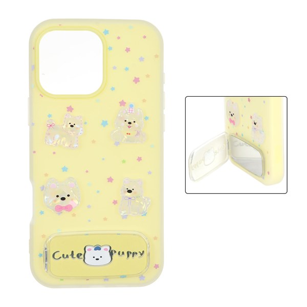 قاب Cute Puppy دولایه عروسک برجسته استندشو آینه ای Apple iPhone 16 Pro Max - زرد