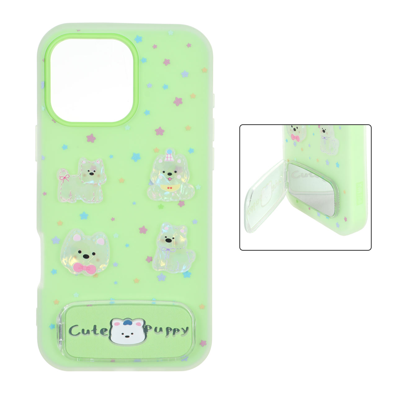 قاب Cute Puppy دولایه عروسک برجسته استندشو آینه ای Apple iPhone 16 Pro Max - سبز
