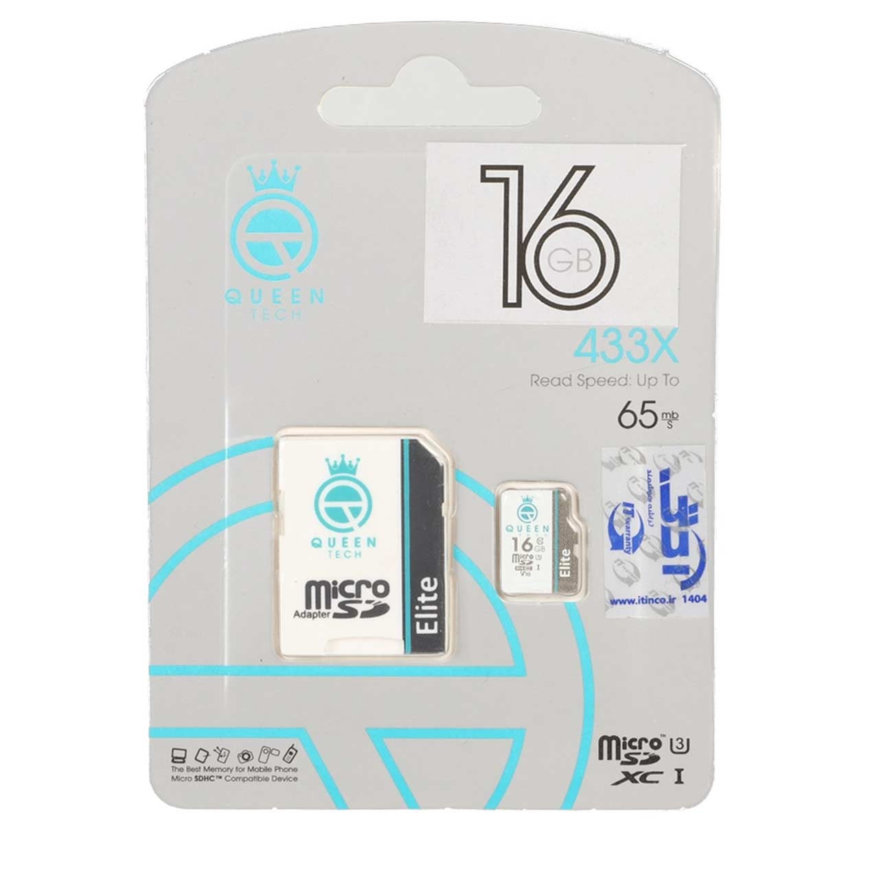 Queen tech microSDXC & adapter U3 Class 10 433X -65MB/s-16GB (گارانتی آی تین) مشکی سفید