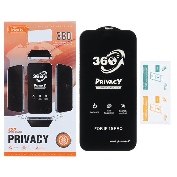 محافظ صفحه نمایش شیشه ای Full Cover Mietubl 360 Privacy مدل Apple iPhone 15 Pro (پک دار) - NTC