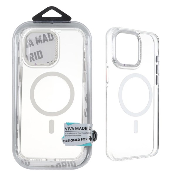 قاب اورجینال VIVA MADRID پشت سخت MagSafe لنز نگین دار Apple iPhone 15 Pro Max - سفید (پک دار)