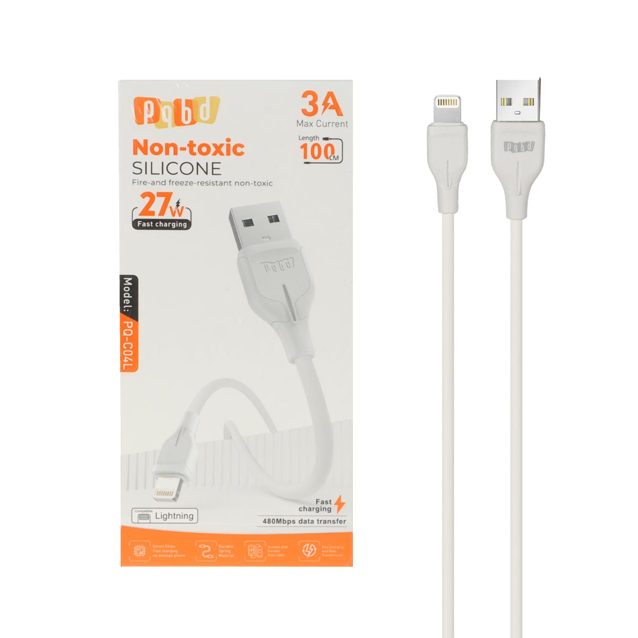 کابل شارژ فست آیفون pqbd مدل PQ-C04L 27W - سفید