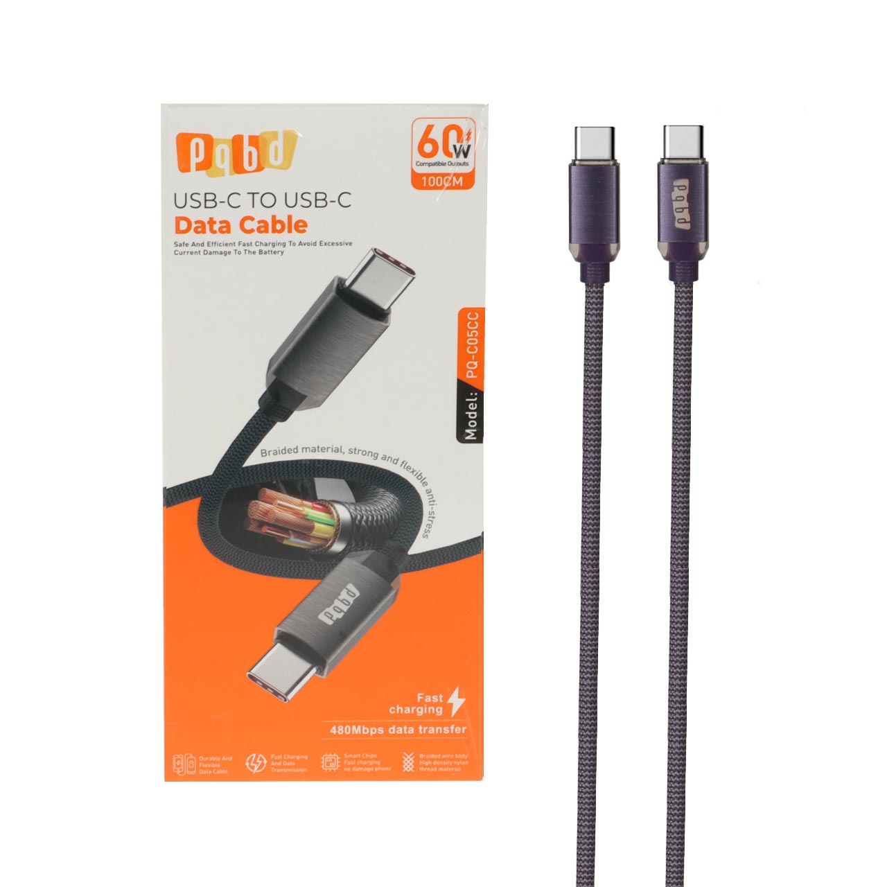 کابل شارژ فست pqbd Type-C To Type-C مدل PQ-C05CC 60W - بنفش