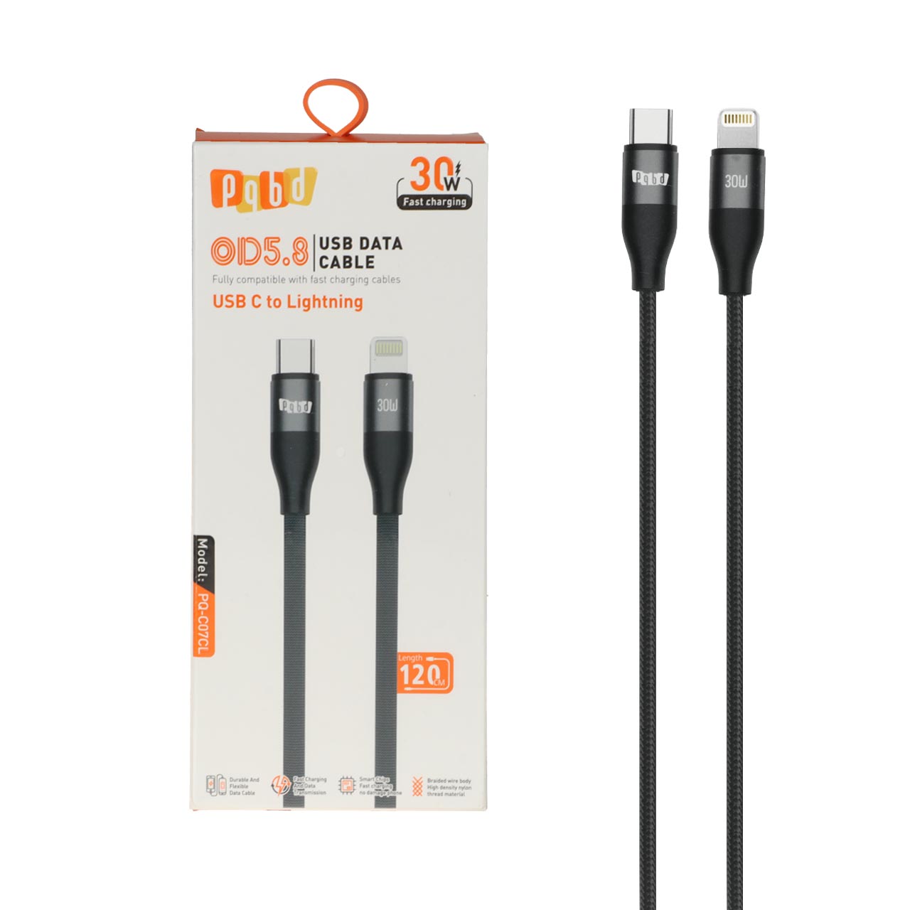 کابل شارژ فست 1.2 متری pqbd Type-C To Lightning مدل PQ-C07CL 30W - مشکی