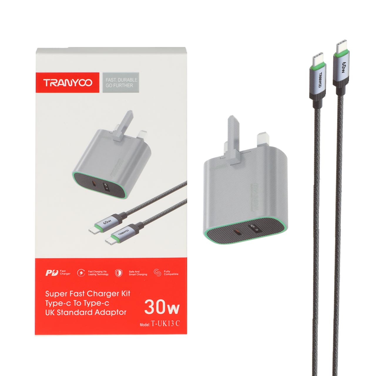 شارژر دیواری PD و فست دو پورت Tranyoo مدل T-UK13 C 30W به همراه کابل شارژ Type-C To Type-C - طوسی