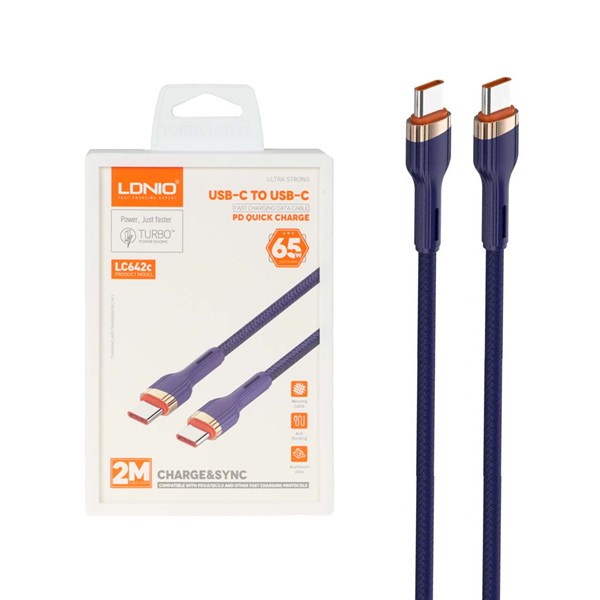 کابل شارژ PD و فست 2 متری LDNIO Type-C To Type-C مدل LC642C 65W - سرمه ای (اصلی)