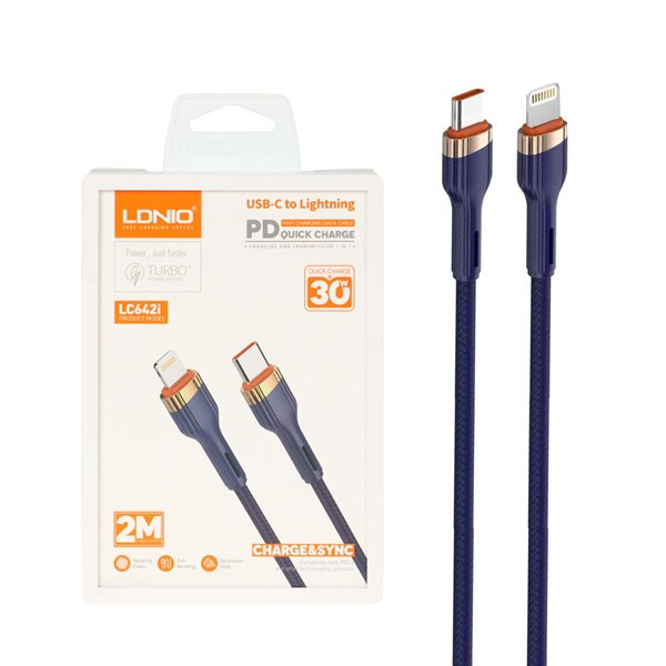 کابل شارژ PD و فست 2 متری LDNIO Type-C To Lightning مدل LC642i 30W - سرمه ای (اصلی)