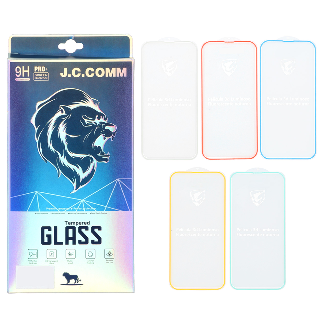 محافظ صفحه نمایش شیشه ای شبرنگ ایربگ دار Full Cover J.C.COMM مدل Apple iPhone 14 pro max (پک 5 عددی)