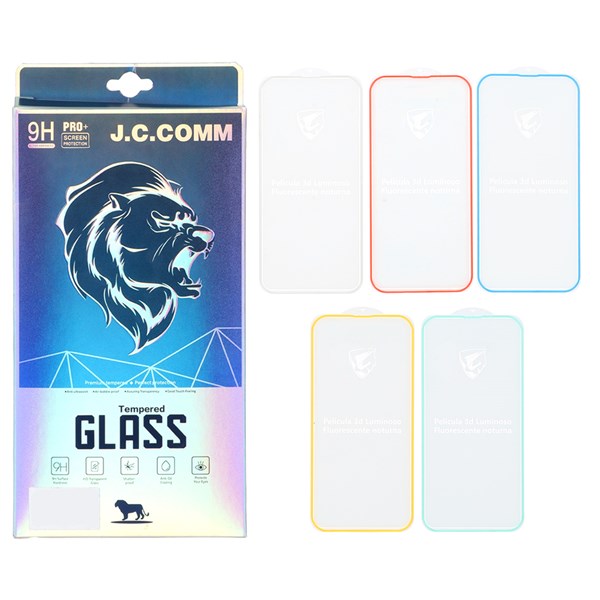 محافظ صفحه نمایش شیشه ای شبرنگ ایربگ دار Full Cover J.C.COMM مدل Apple iPhone 16 / iPhone 15 / iPhone 14 Pro (پک 5 عددی)