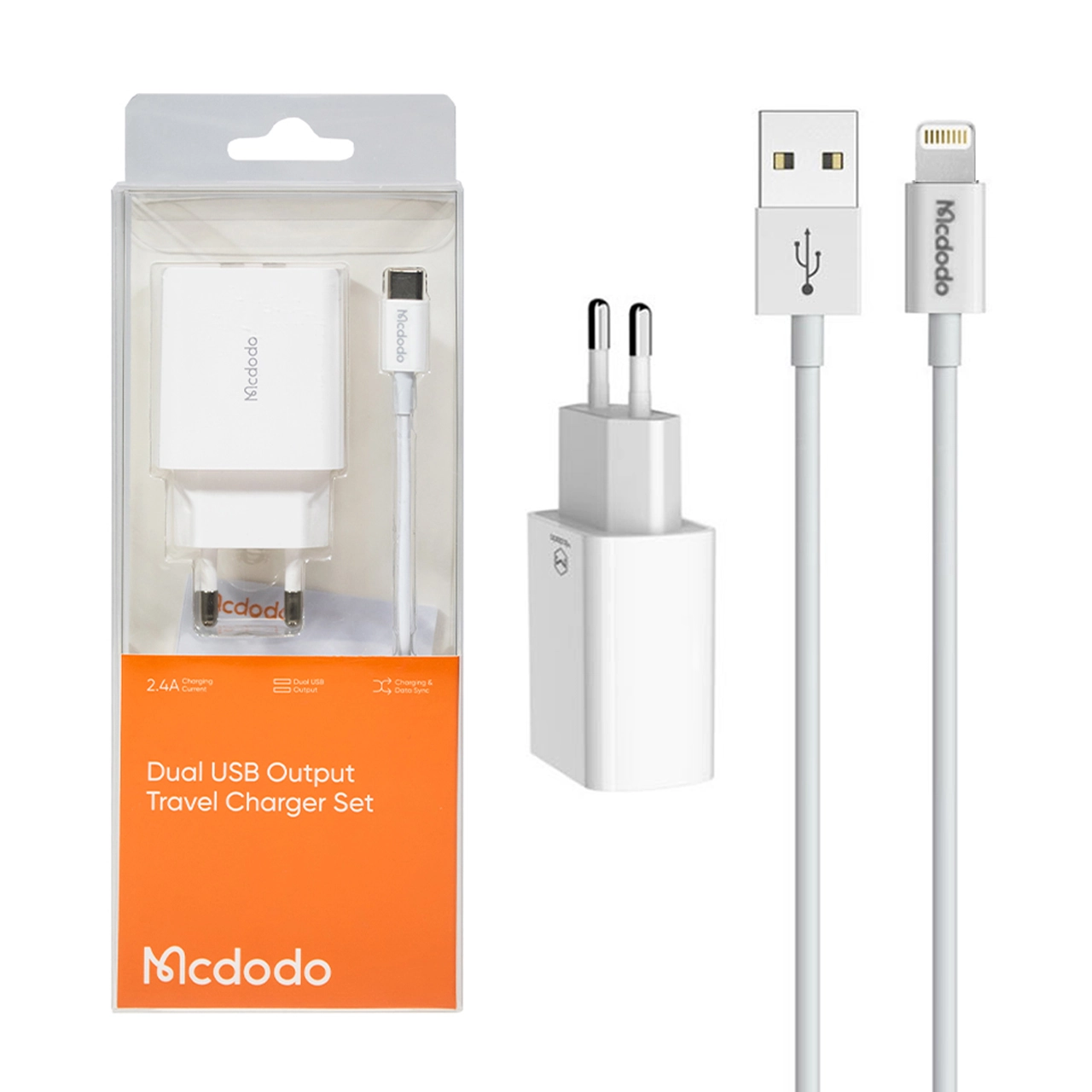 شارژر دیواری فست دو پورت Mcdodo مدل CH-6720 12W به همراه کابل شارژ آیفون - سفید (گارانتی متین)
