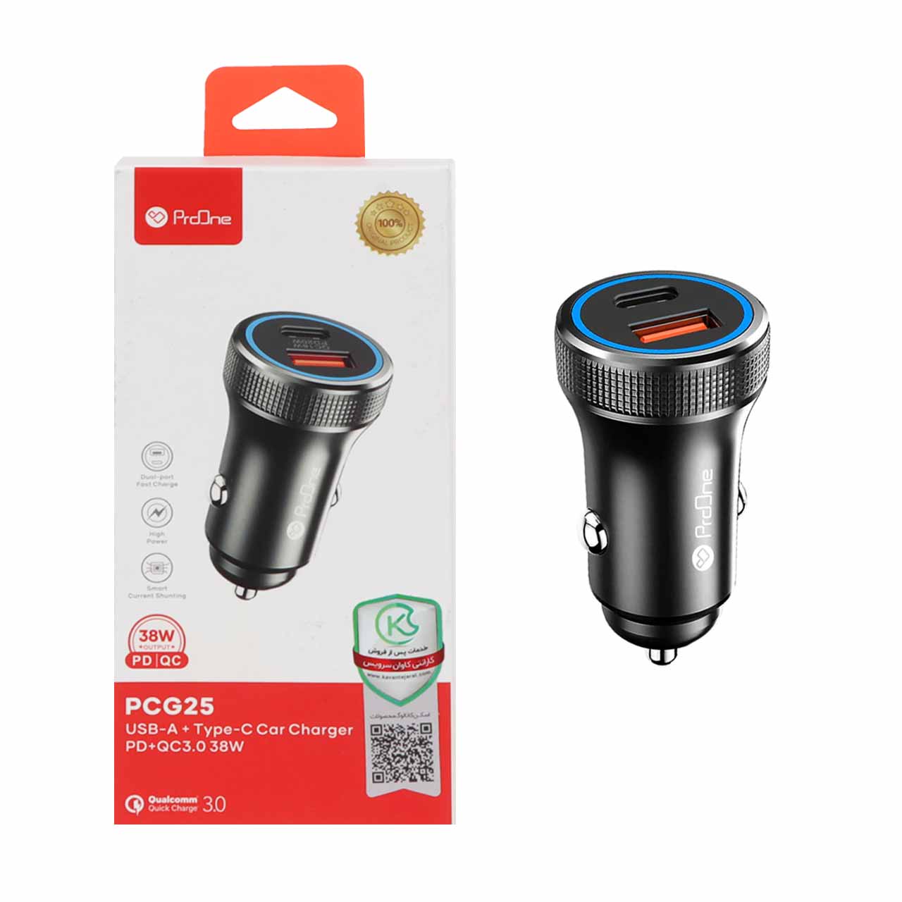 شارژر فندکی 38W فست و PD دو پورت ProOne مدل PCG25 (تعمیری)