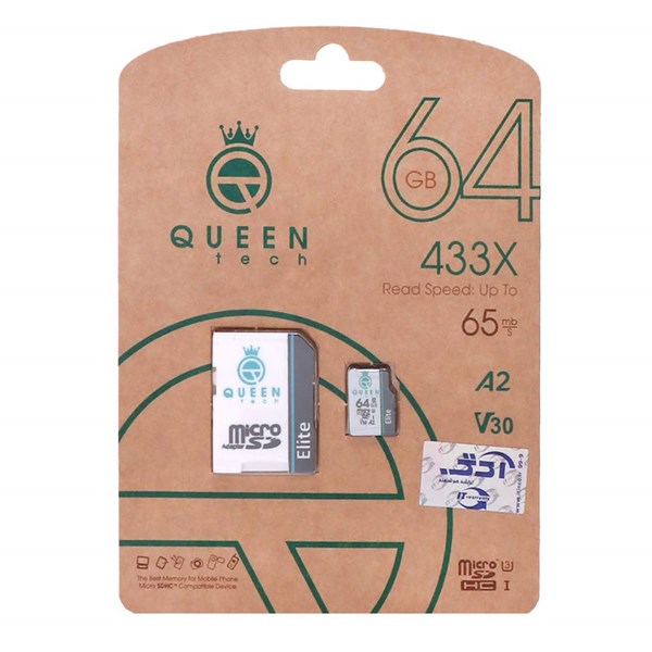 Queen tech microSDHC & adapter U3 Class 10 433X -65MB/s-64GBمشکی سفید