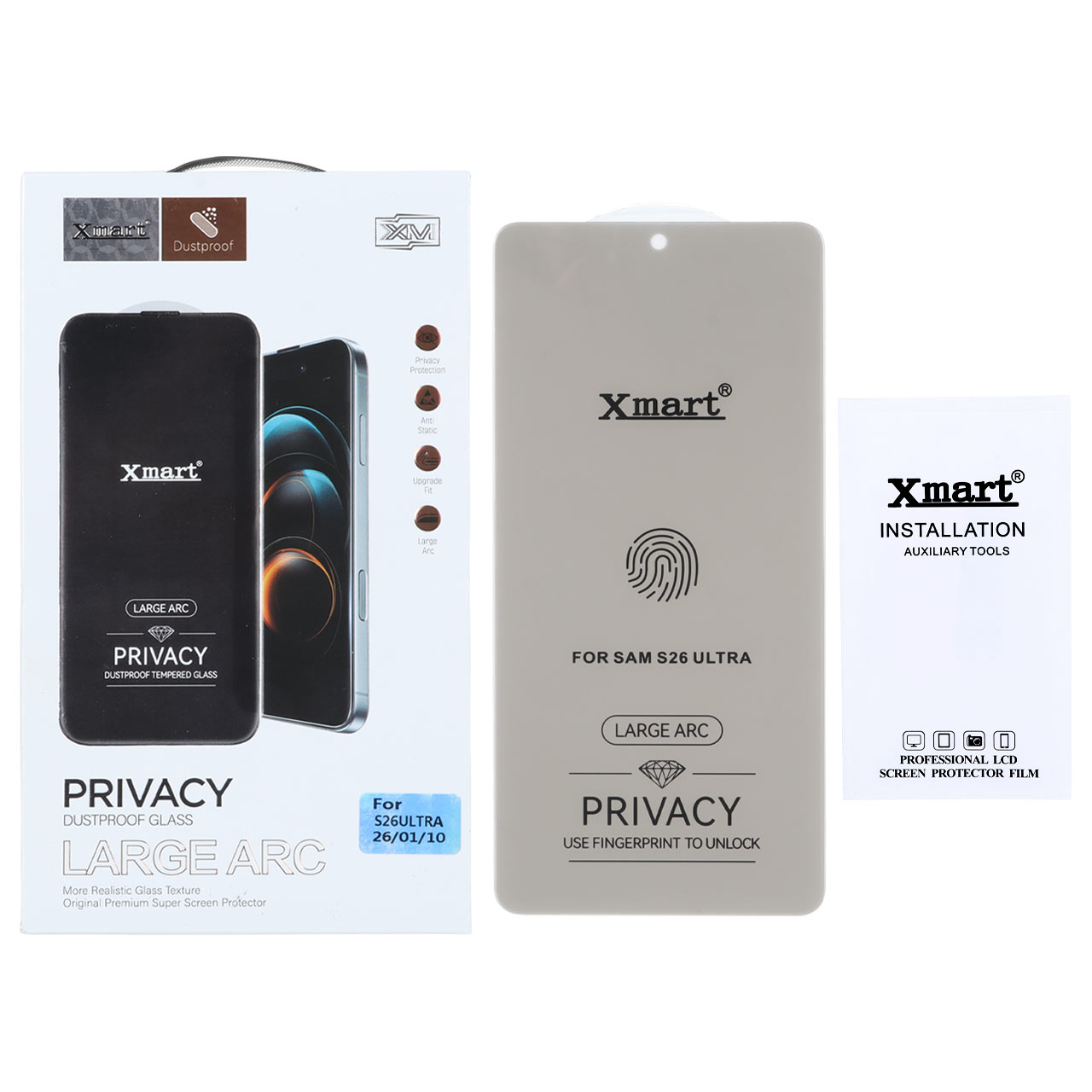 محافظ صفحه نمایش شیشه ای بدون حاشیه Xmart Privacy 3D Large Arc مدل Samsung Galaxy S26 Ultra (پک دار)