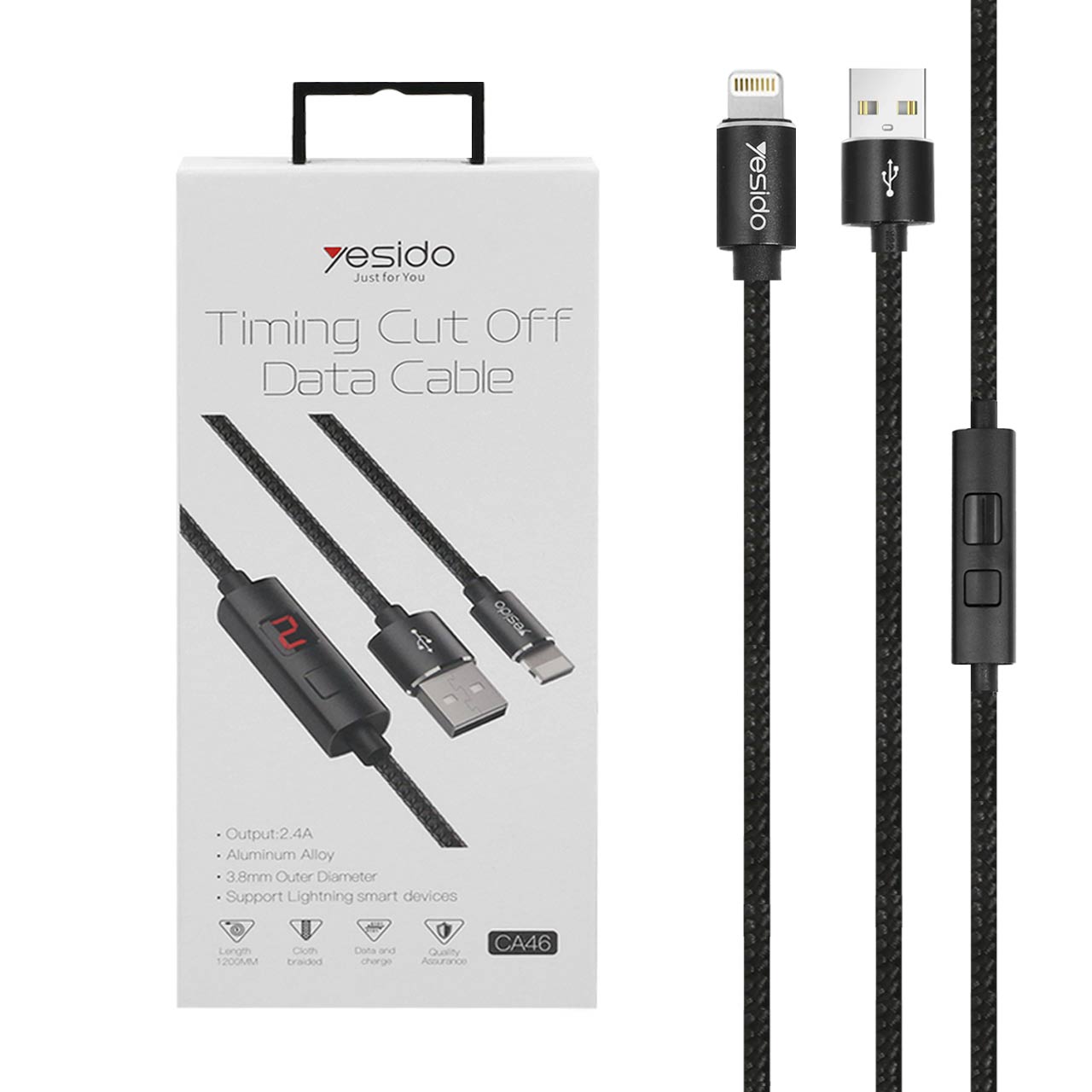 کابل شارژ yesido Timing Cut Off Data-CA46-iOS-مشکی (گارانتی 18 ماه تعویض نیکان همراه)
