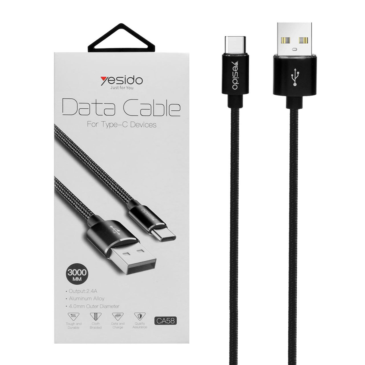 کابل شارژ فست 3 متری yesido Type-C-CA58-مشکی (گارانتی 18 ماه تعویض نیکان همراه)