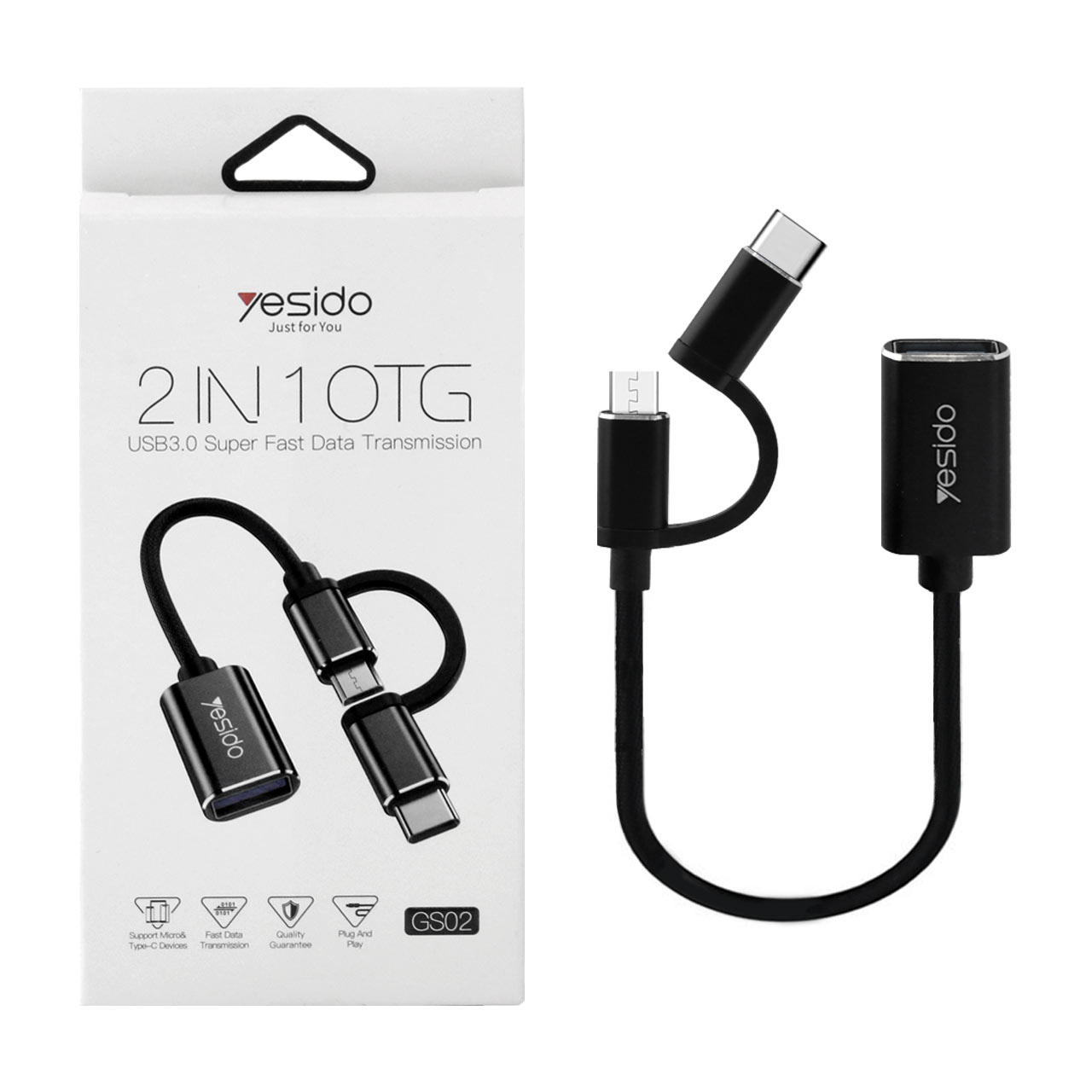 کابل تبدیل yesido OTG  2 IN 1 مدل GS02 مشکی (گارانتی 18 ماه تعویض نیکان همراه)