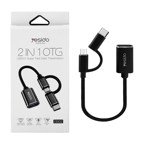 کابل تبدیل yesido OTG  2 IN 1 مدل GS02 مشکی (گارانتی 18 ماه تعویض نیکان همراه)