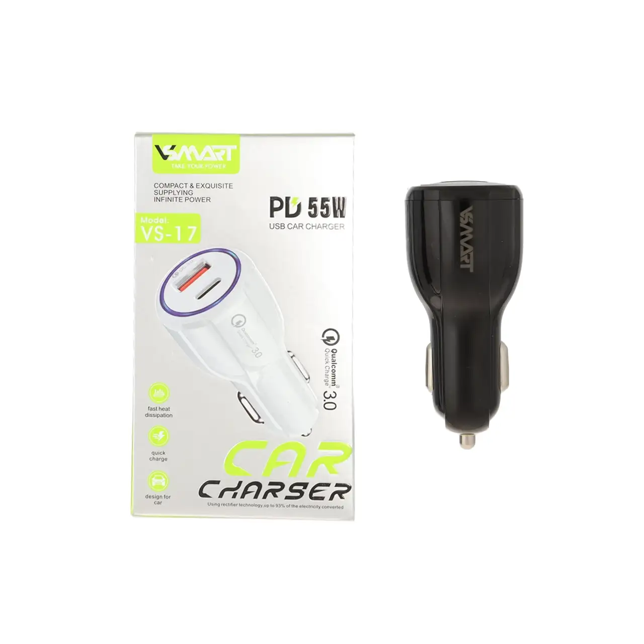 شارژر فندکی PD و فست دو پورت V-Smart مدل VS-17 55W - مشکی - BSA