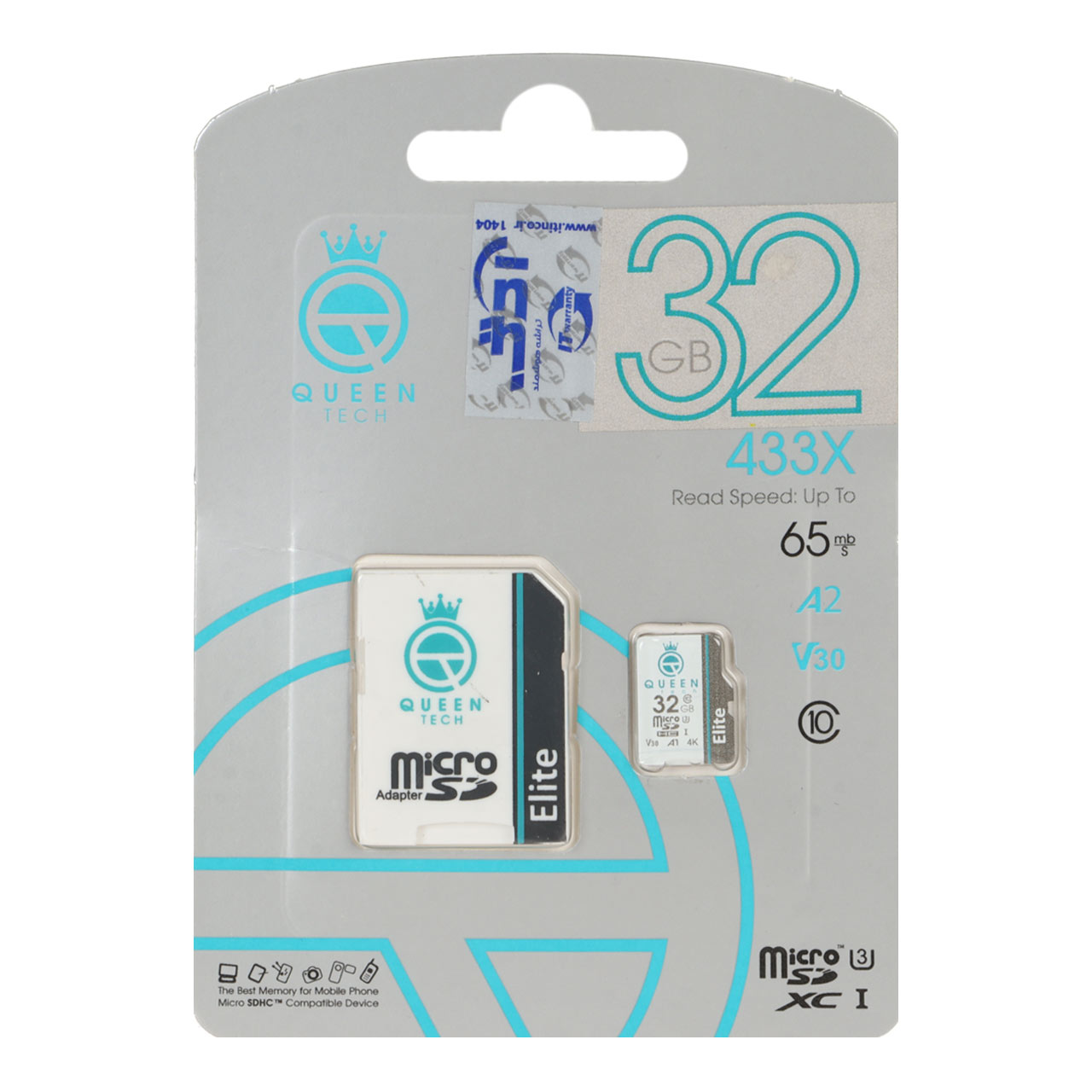 Queen tech microSDHC & adapter U3 Class 10 433X -65MB/s-32GB (گارانتی آی تین) مشکی سفید