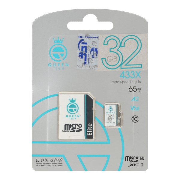 Queen tech microSDHC & adapter U3 Class 10 433X -65MB/s-32GB (گارانتی آی تین) مشکی سفید