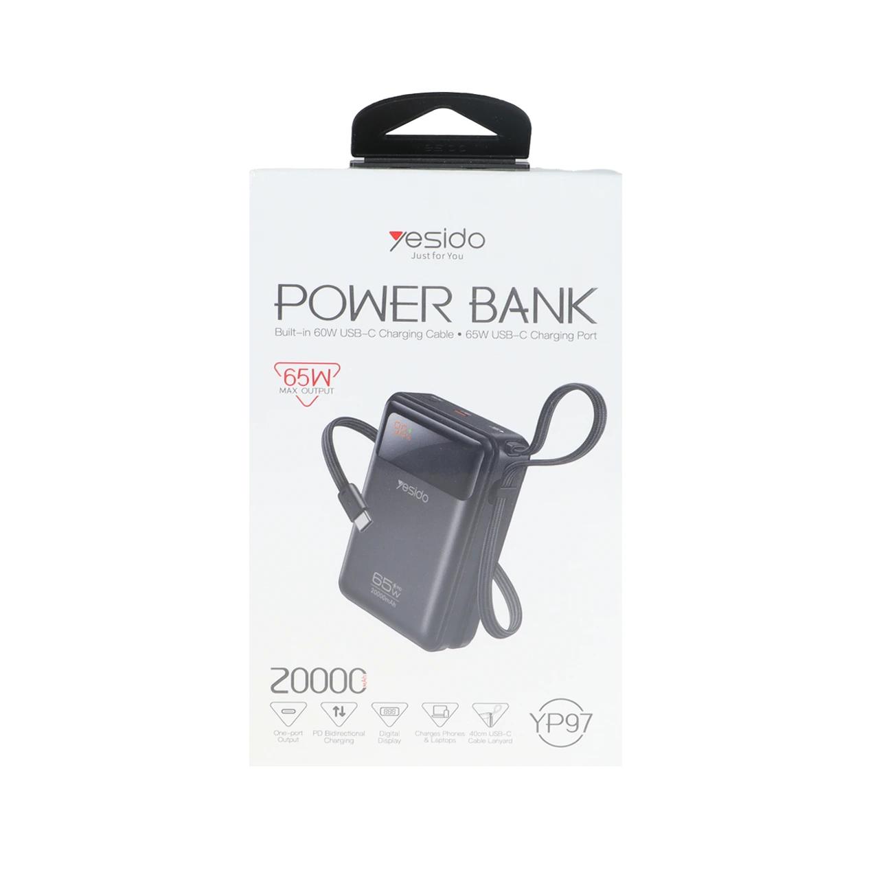 پاوربانک PD و فست شارژ Yesido 20000mAh مدل YP97 65W - مشکی (گارانتی 18 ماهه تعویض نیکان همراه)