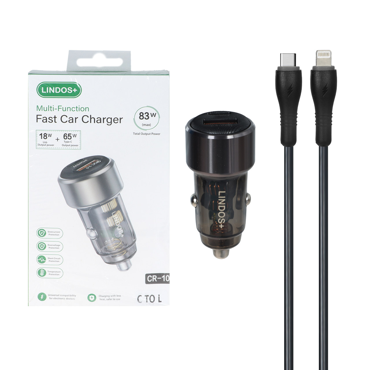شارژر فندکی PD و فست دو پورت +Lindos مدل CR-10 83W به همراه کابل شارژ Type-C To Lightning - مشکی (گارانتی تعویض یکساله شرکتی)