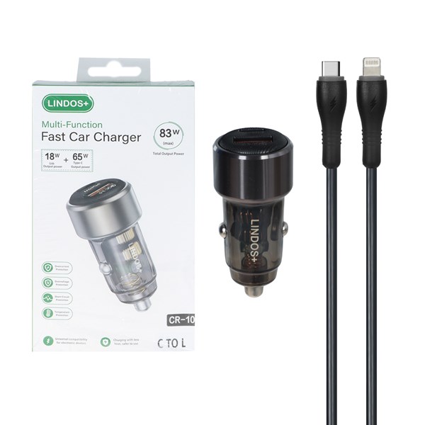 شارژر فندکی PD و فست دو پورت +Lindos مدل CR-10 83W به همراه کابل شارژ Type-C To Lightning - مشکی (گارانتی تعویض یکساله شرکتی)