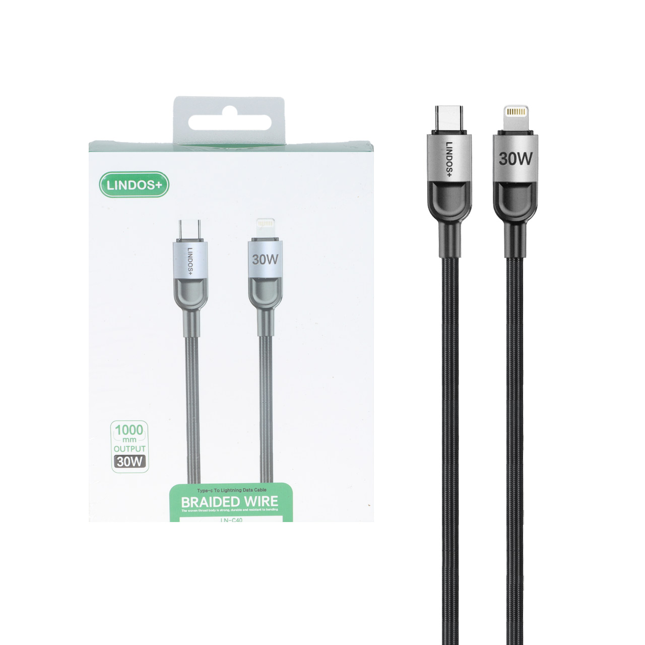 کابل شارژ فست Lindos+ Type-C To Lightning مدل LN-C40 30W - مشکی (گارانتی تعویض یکساله شرکتی)