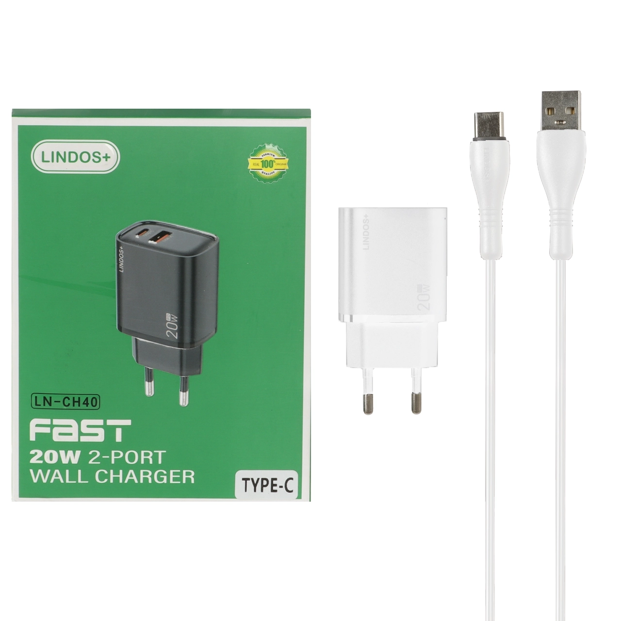 شارژر دیواری PD و فست دو پورت +Lindos مدل LN-CH40 20W به همراه کابل شارژ Type-C - سفید (گارانتی تعویض یکساله شرکتی)