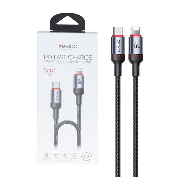 کابل شارژ 1.2 متری PD و فست Yesido Type-C To Lightning مدل CA182 27W - مشکی (گارانتی 18 ماه تعویض نیکان همراه)
