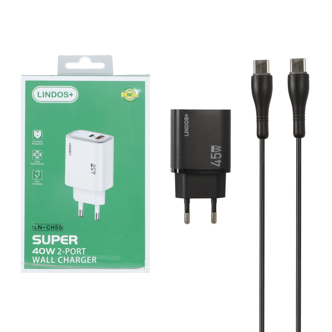شارژر دیواری فست و PD دو پورت +Lindos مدل LN-CH50 40W به همراه کابل شارژ Type-C To Lightning - مشکی (گارانتی تعویض یکساله شرکتی)