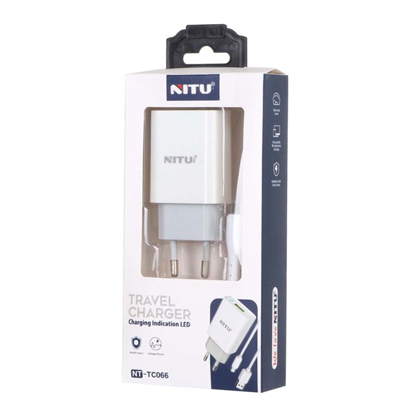 شارژر دیواری فست تک پورت Nitu مدل NT-TC066 به همراه کابل شارژ آیفون - سفید (گارانتی 18 ماه تعویض نیکان همراه)