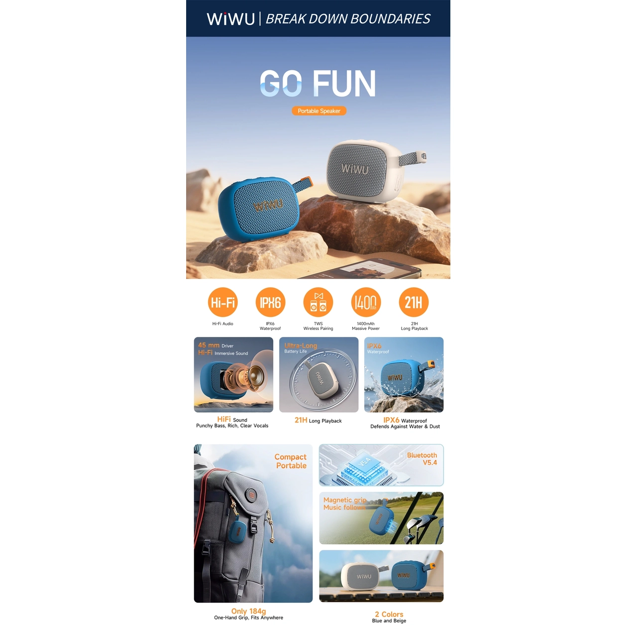 اسپیکر بی سیم Wiwu مدل GO FUN H1 - آبی (گارانتی شش ماهه شرکتی)