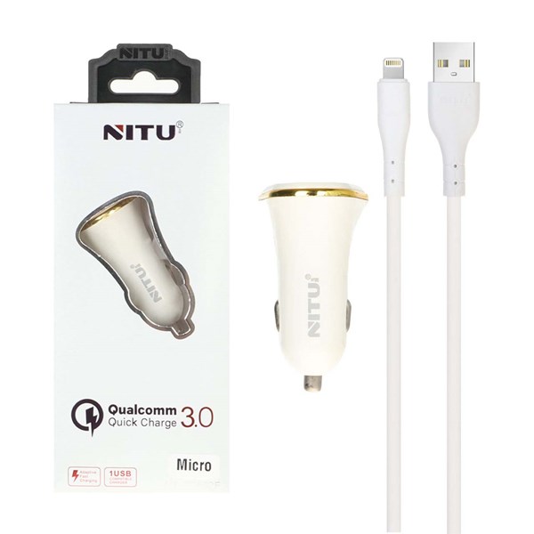 شارژر فندکی فست تک پورت NITU مدل NT-CC802F به همراه کابل شارژ آیفون - سفید (گارانتی 18 ماه تعویض نیکان همراه)