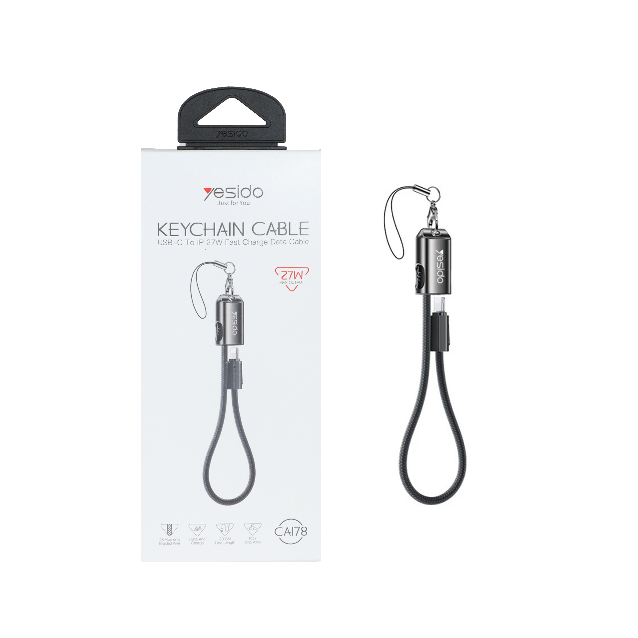 کابل شارژ فست 20 سانتی Yesido Type-C To Lightning و جاسوئیچی مدل CA178 27W - مشکی (گارانتی 18 ماه تعویض نیکان همراه)