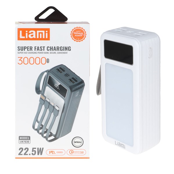 پاوربانک PD و فست شارژ Liami 30000Ah مدل LM7030 22.5W - سفید (گارانتی شش ماهه شرکتی)